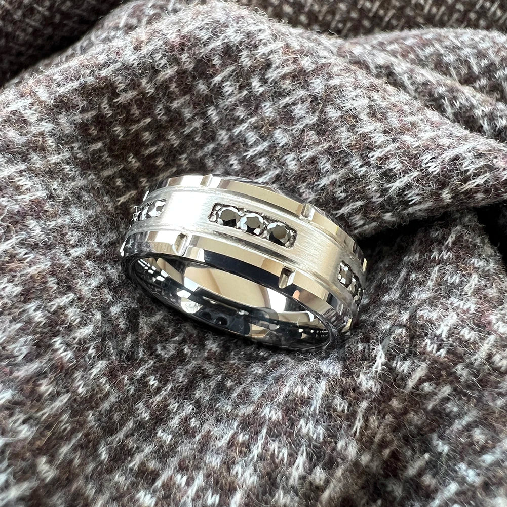 MenBand 8mm Mens Womens Engagement Eternity Wedding Band Black CZ Stone Inlay Tungsten Carbide Ring  Comfortable Fit