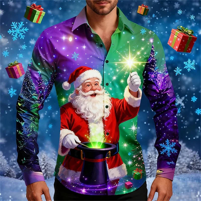 Christmas Men's Shirt Button Long Sleeve Fun Outdoor Holiday Spring Autumn Lapel 3D Printed Shirt Fast Delivery