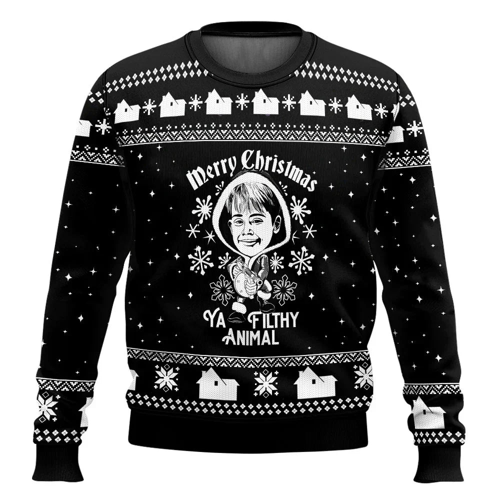 Merry Christmas alone at home Ugly Christmas sweater cartoon animation Men's pullover 2026 fashionable couple shirts Sweatshirt