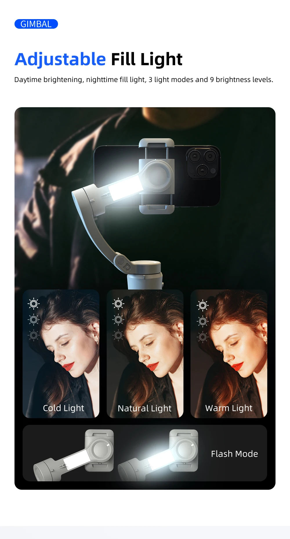 TOKQI M01 3-Axis Anti-Shake Handheld Gimbal Phone Stabilizer Foldable Holder Selfie Tripod with Fill Light for iPhone Smartphone