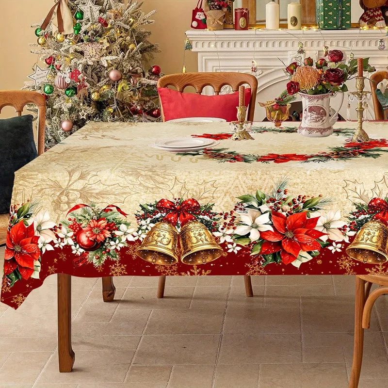 Vintage Christmas Tablecloth Poinsettia Bell Table Cover Christmas Decorations for Home 2025 Xmas Gifts Navidad Noel New Year
