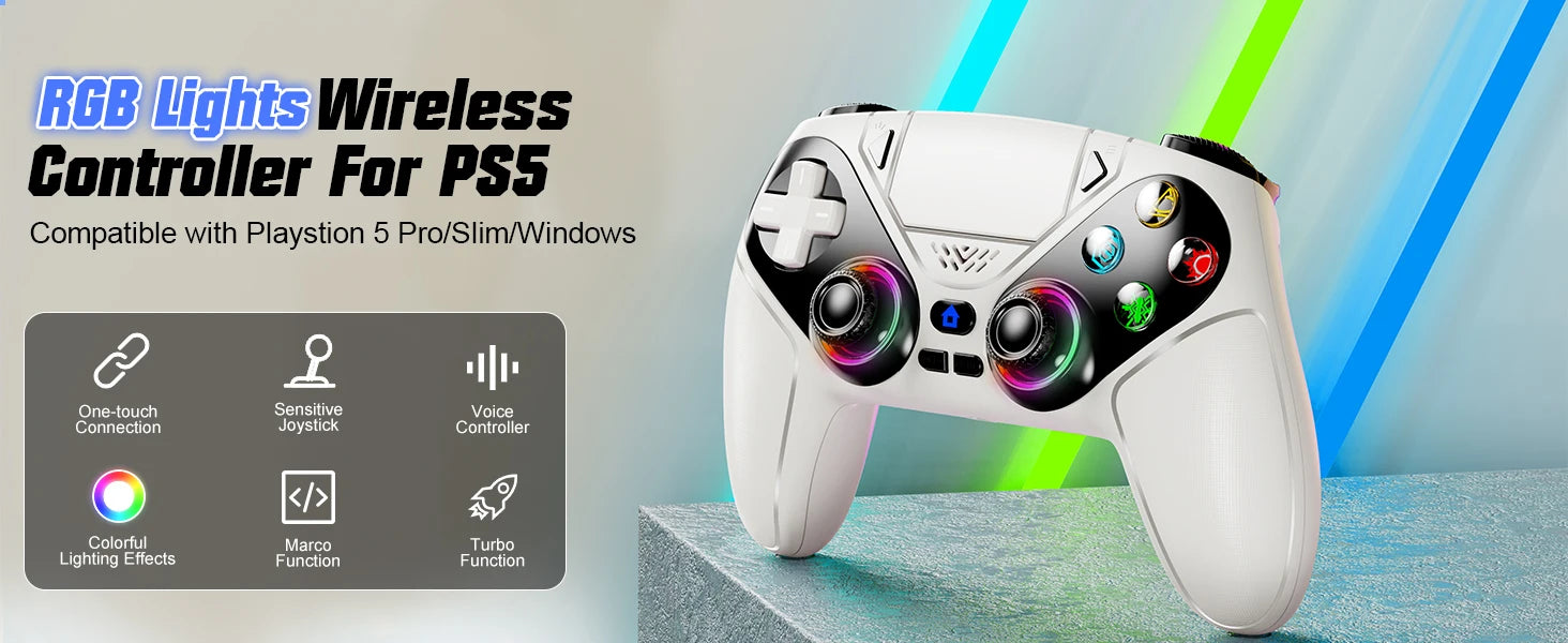 RGB Lights Wireless Controller For PS5/Playstation 5 Pro/Slim/PC Console Gamepads W/ Hall Effect Turbo Vibration Game Joystick