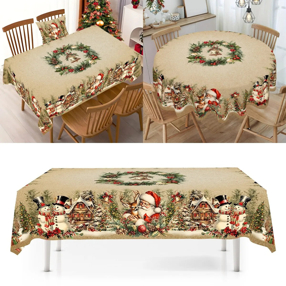 Vintage Christmas Tablecloth Santa Snowman Table Cover Christmas Decorations for Home 2025 Xmas Gifts Navidad Noel New Year 2026