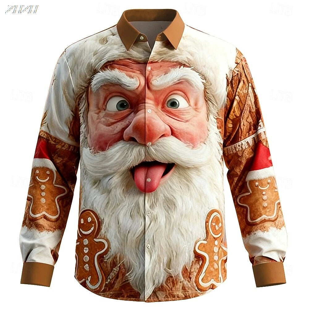Fashion Men's Funny Santa Face Shirt, 3D Print Button Up Collared, 2025 Christmas Long Sleeve Top, Spring Fall Holiday Wear