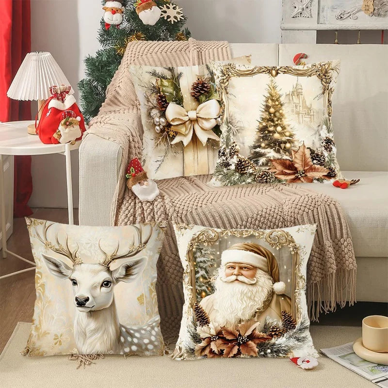 4pcs Vintage Christmas Santa Deer Tree Bow Throw Pillow Covers Golden Holiday Decorative Pillowcases for Sofa Couch Home Decor