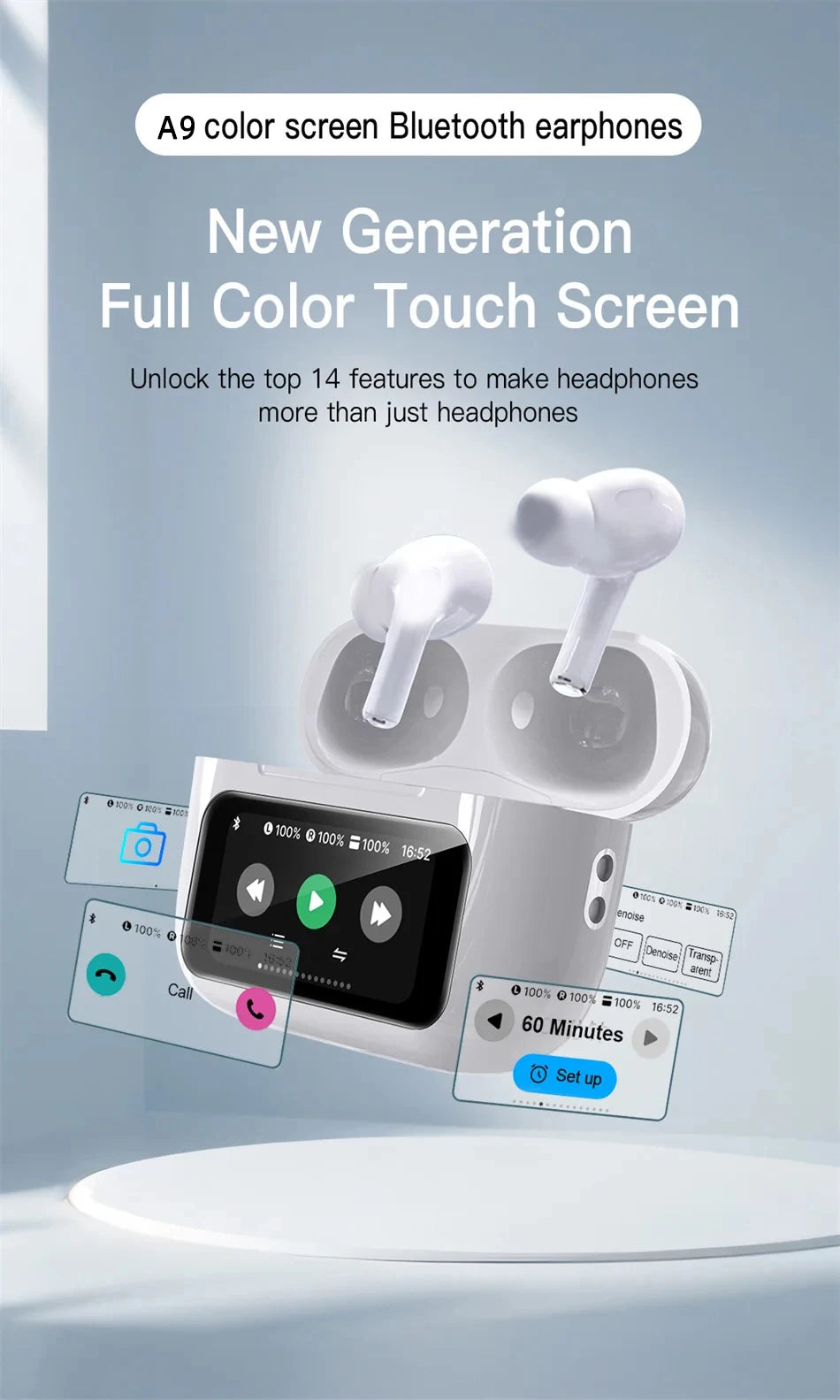 New Top A9pro Configuration Bluetooth Lcd Smart Color Screen Wireless Active Noise Reduction Super Long Battery Lifeheadset