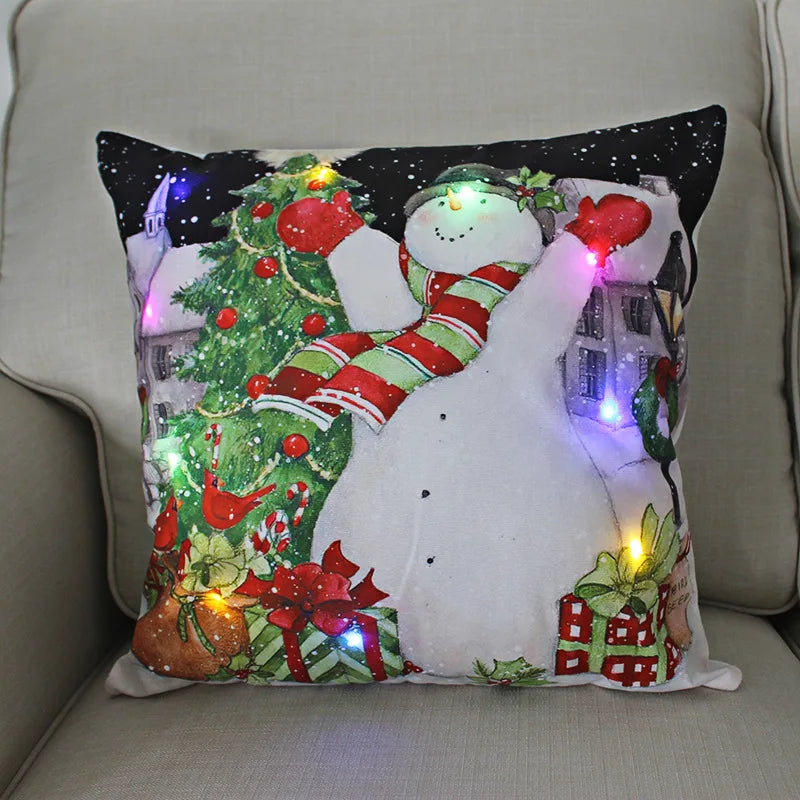 LED Light Christmas Pillow Cushions Cover Santa Elk Snowflake Xmas Lantern  Glow Pillowcase Winter Holiday Decoration
