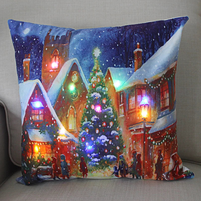LED Light Christmas Pillow Cushions Cover Santa Elk Snowflake Xmas Lantern  Glow Pillowcase Winter Holiday Decoration