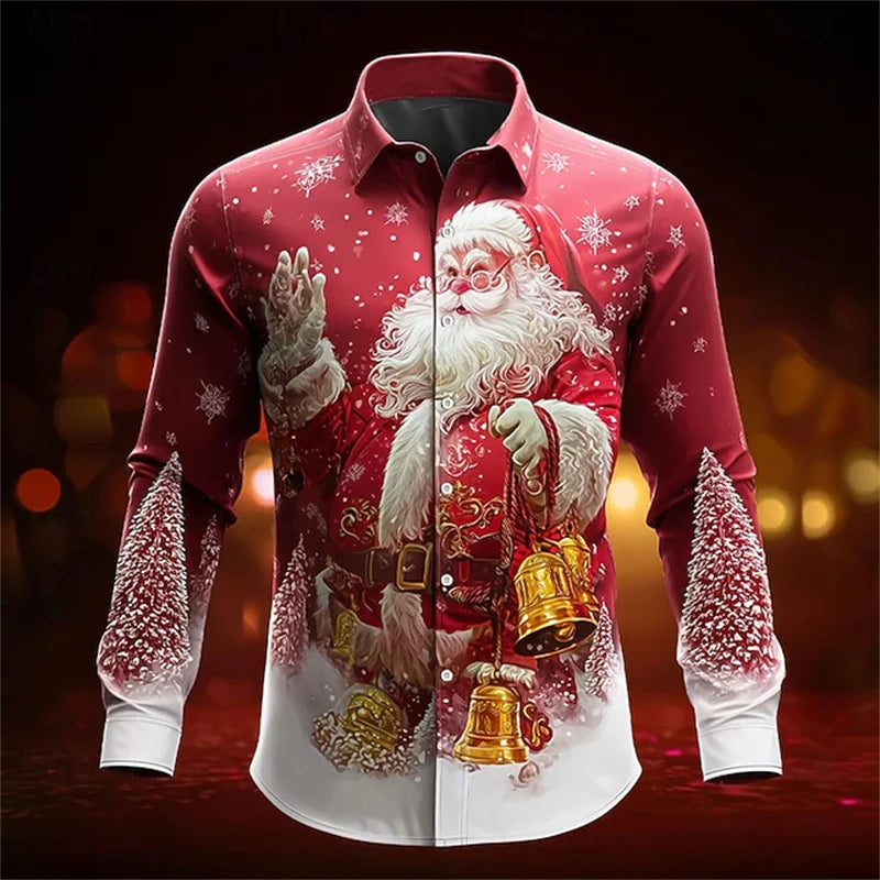 2026 New Men's Christmas Shirt Button Long Sleeve Fun Outdoor Festival Spring and Autumn Lapel 3D Printed Lapel Shirt Red