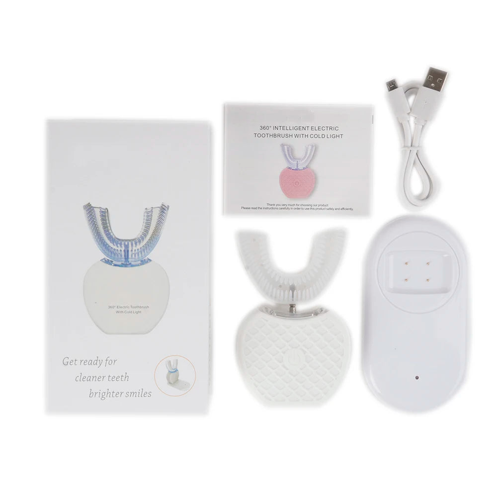 USB Rechargeable Sonic Electric Toothbrush 360 Degrees Intelligent Automatic Ultrasonic U-Shape with 4 Modes Timer + Blue Light