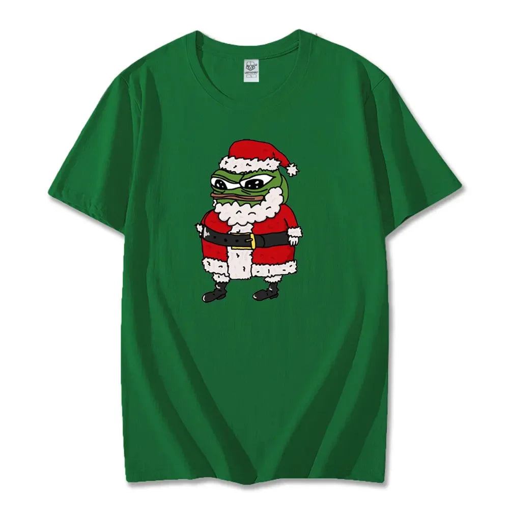 Navidad Cartoon Pepe Christmas T-Shirt Men Funny Santa Claus Frog Graphic Unisex Cotton Short Sleeve Casual Cute Streetwear Men