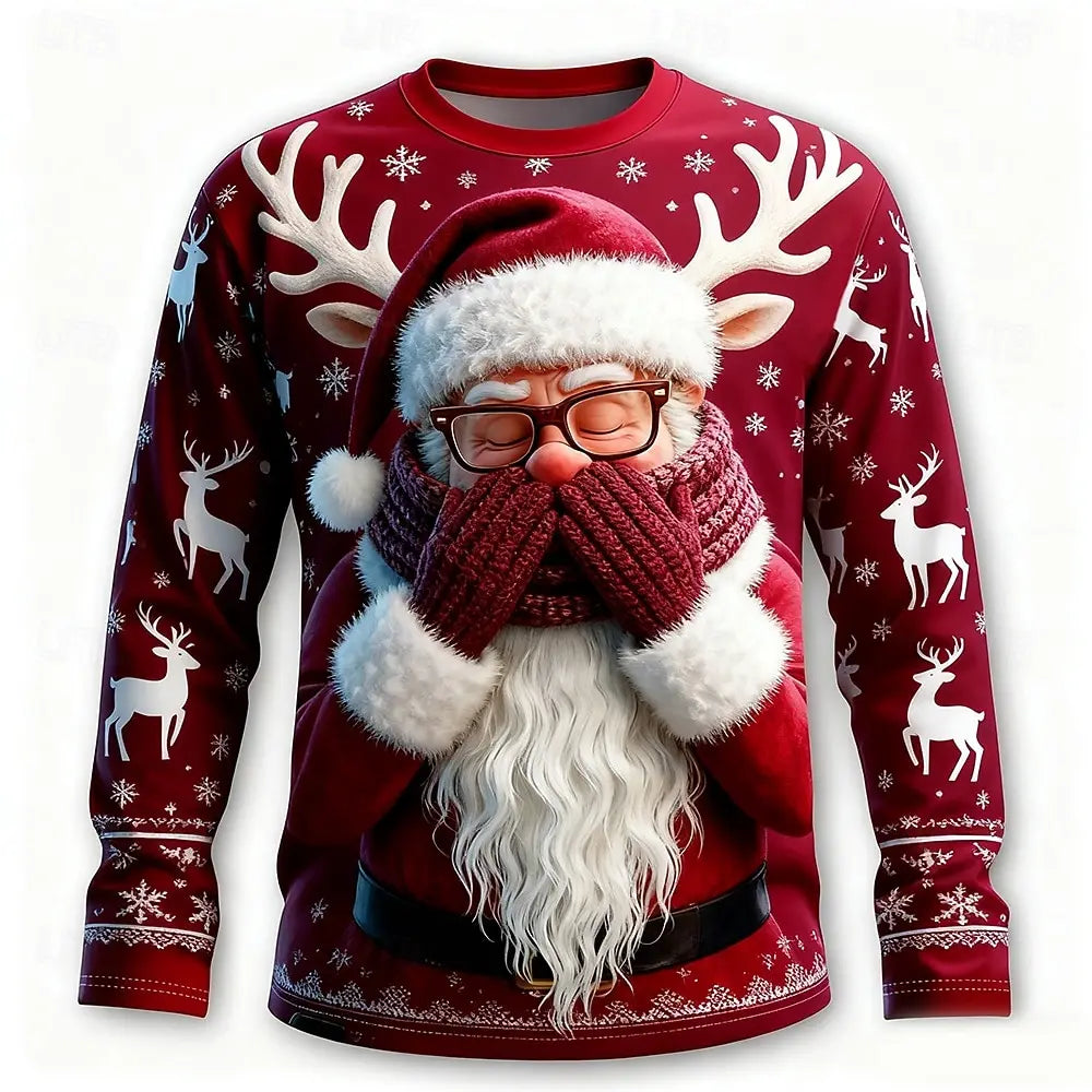Christmas Men's Santa Claus Funny T Shirt Long Sleeve T shirt 3D Print Crew Neck Shirts Fashion Basic 3D Street Casual Apparel