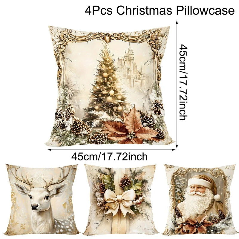 4pcs Vintage Christmas Santa Deer Tree Bow Throw Pillow Covers Golden Holiday Decorative Pillowcases for Sofa Couch Home Decor