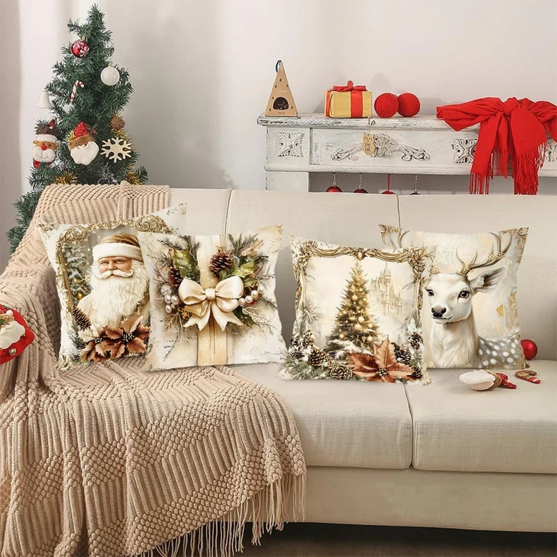 4pcs Vintage Christmas Santa Deer Tree Bow Throw Pillow Covers Golden Holiday Decorative Pillowcases for Sofa Couch Home Decor