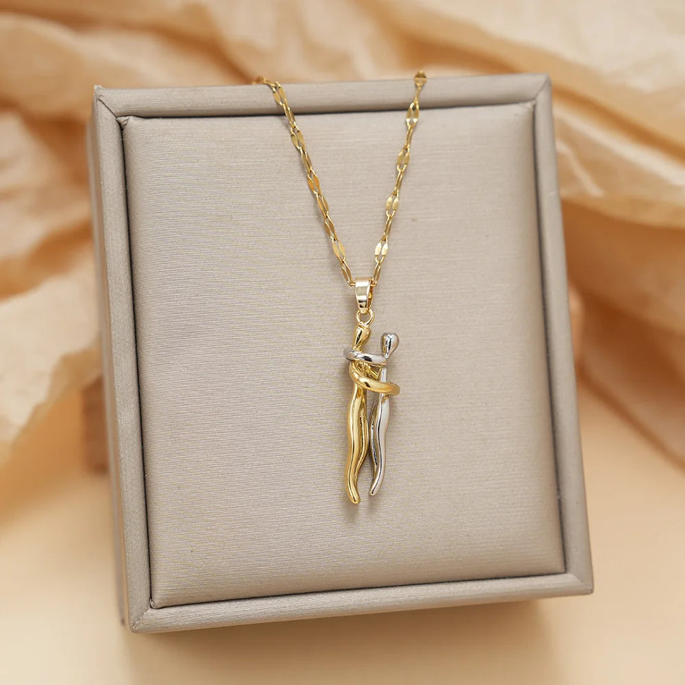 FTCY Stainless Steel Couple Hugging Necklace Pendant for Women Men Gold Silver Color Couple Love Chain Friend Gift Party Jewelry