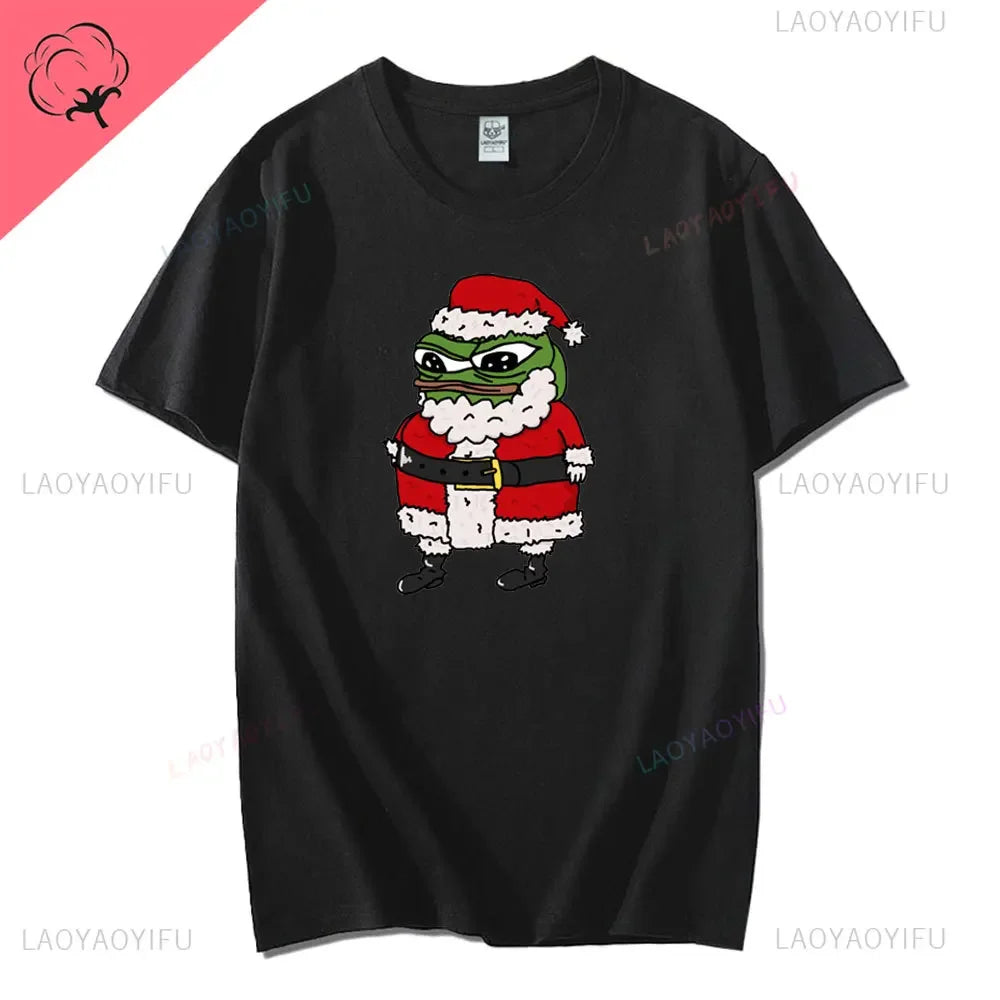 Navidad Cartoon Pepe Christmas T-Shirt Men Funny Santa Claus Frog Graphic Unisex Cotton Short Sleeve Casual Cute Streetwear Men