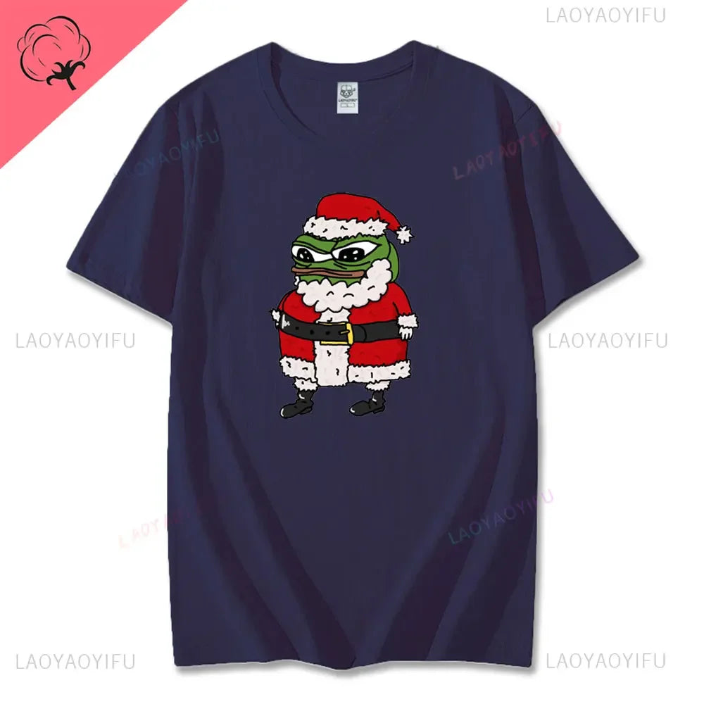Navidad Cartoon Pepe Christmas T-Shirt Men Funny Santa Claus Frog Graphic Unisex Cotton Short Sleeve Casual Cute Streetwear Men