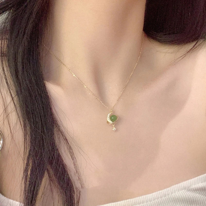 KOFSAC Jade Planet Necklace For Women 2023 New Luxury High Grade Zircon Moon Star Collar Necklaces 925 Sterling Silver Jewelry