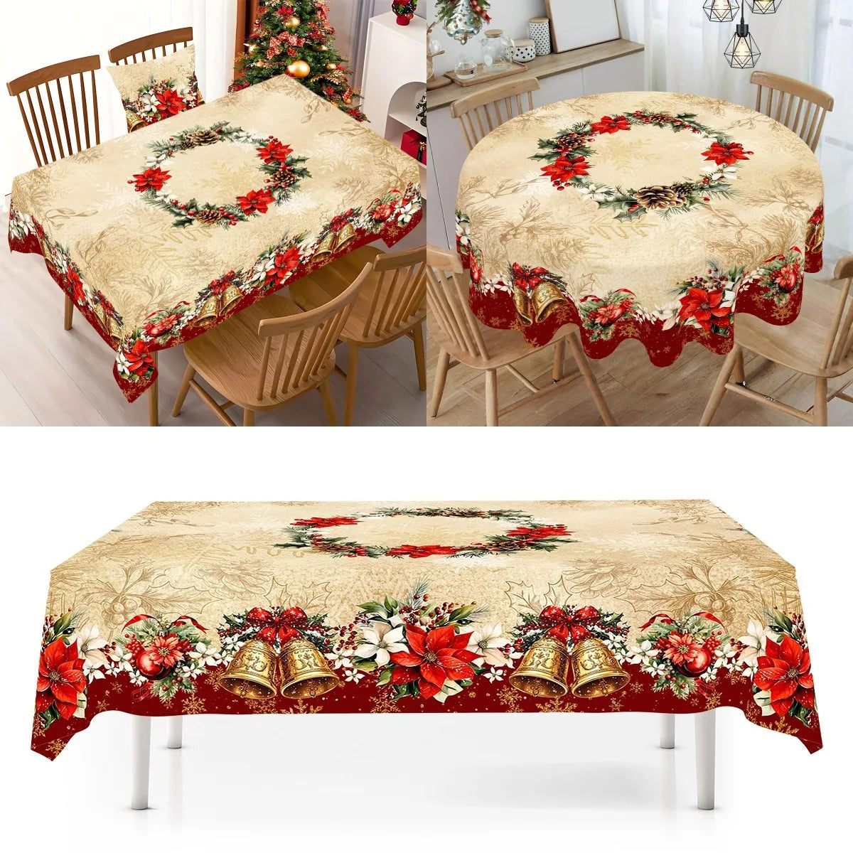 Vintage Christmas Tablecloth Poinsettia Bell Table Cover Christmas Decorations for Home 2025 Xmas Gifts Navidad Noel New Year