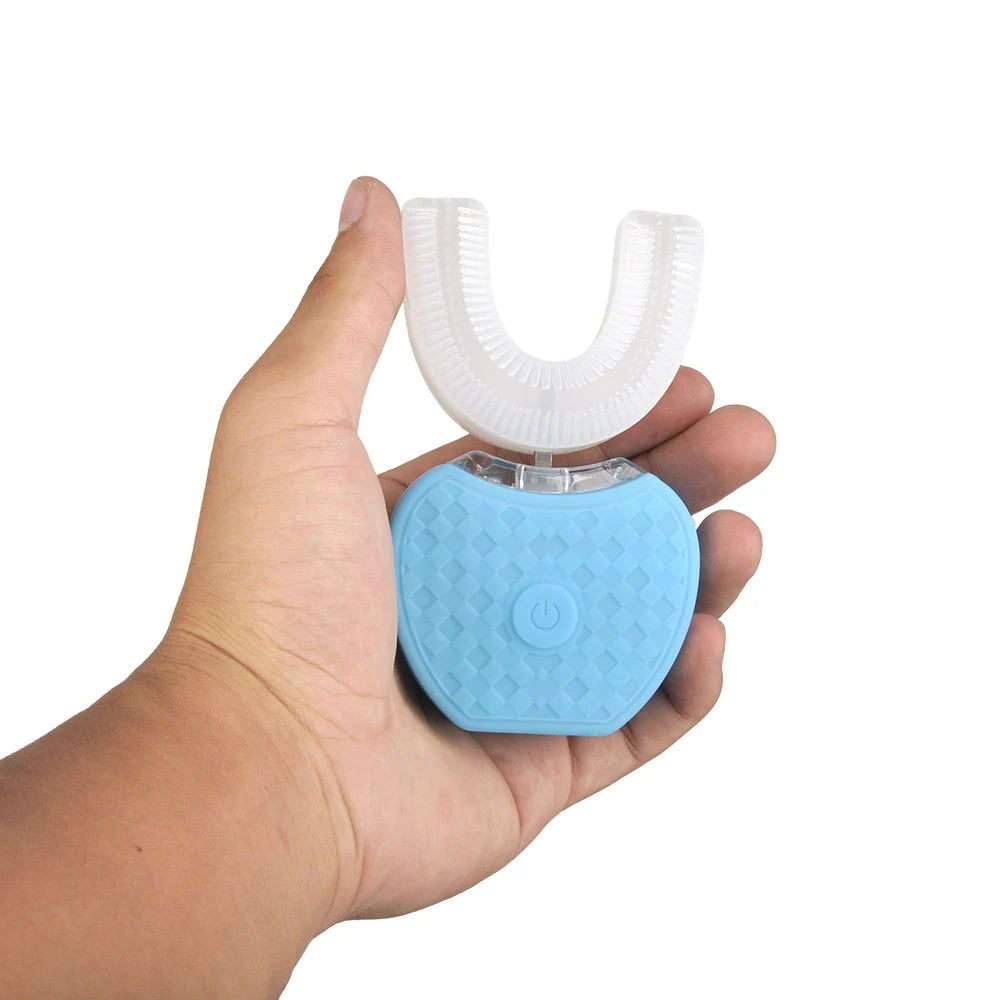 USB Rechargeable Sonic Electric Toothbrush 360 Degrees Intelligent Automatic Ultrasonic U-Shape with 4 Modes Timer + Blue Light