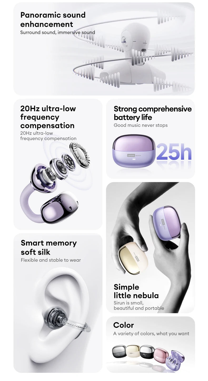 Lenovo LE302 Wireless Bluetooth 6.0 Headset Long Battery Life Sports Ear Clip Earphones HIFI Stereo Noise Cancelling Headphones