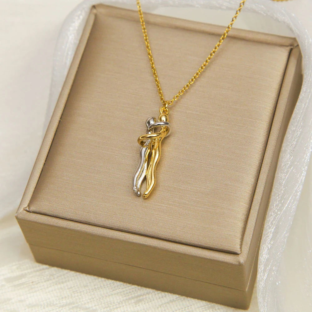 FTCY Stainless Steel Couple Hugging Necklace Pendant for Women Men Gold Silver Color Couple Love Chain Friend Gift Party Jewelry