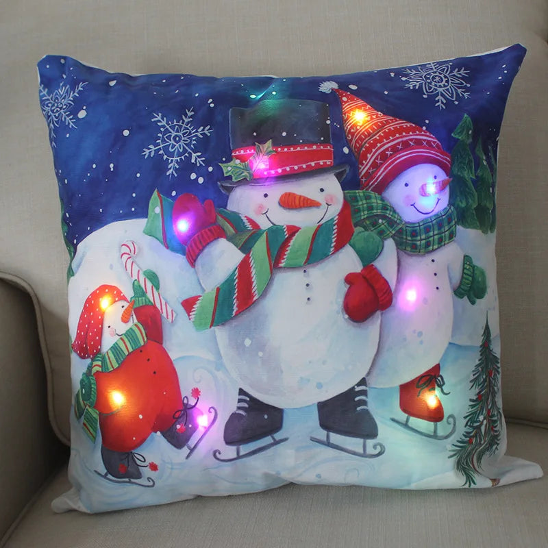 LED Light Christmas Pillow Cushions Cover Santa Elk Snowflake Xmas Lantern  Glow Pillowcase Winter Holiday Decoration