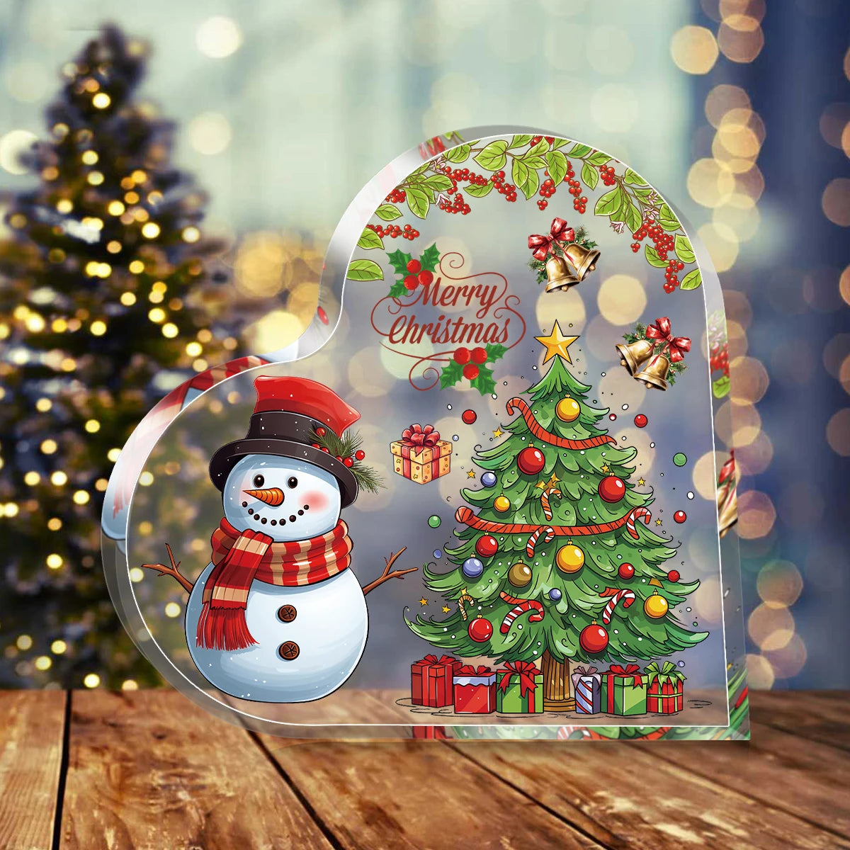 1pc Christmas Gift for Friends,Sister,Acrylic Heart-Shaped Plaque with Snowman and Christmas Tree Office Home Decor,Holiday Gift