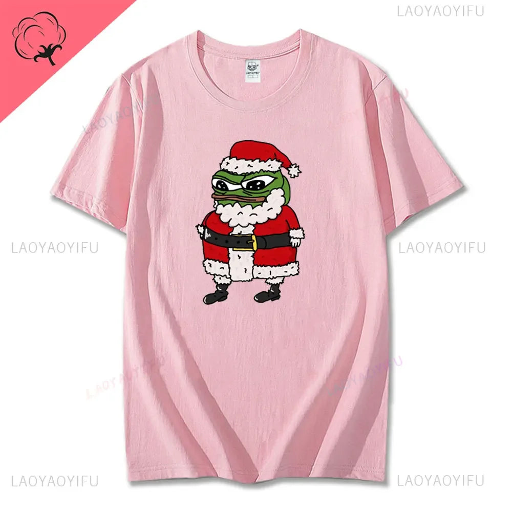 Navidad Cartoon Pepe Christmas T-Shirt Men Funny Santa Claus Frog Graphic Unisex Cotton Short Sleeve Casual Cute Streetwear Men