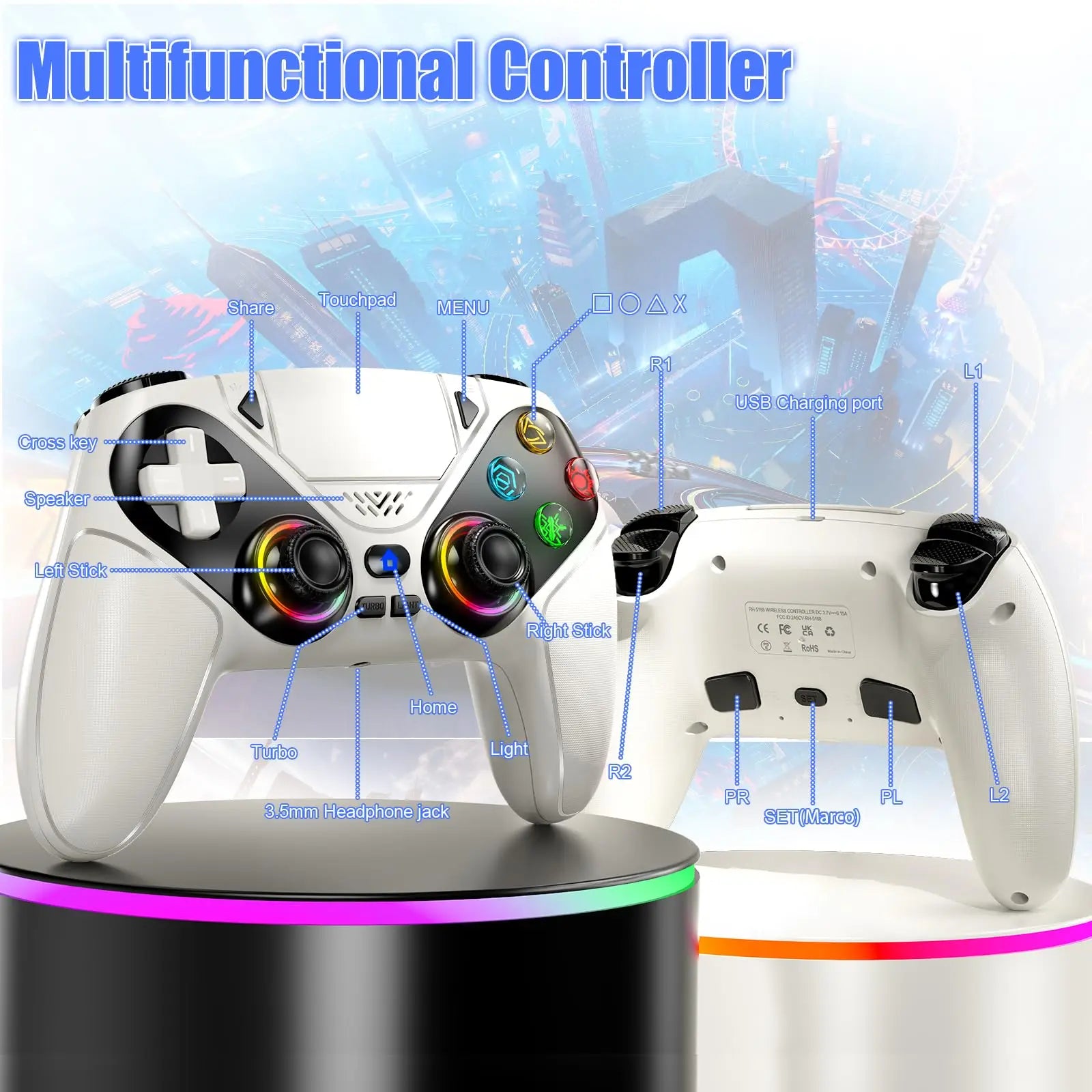 RGB Lights Wireless Controller For PS5/Playstation 5 Pro/Slim/PC Console Gamepads W/ Hall Effect Turbo Vibration Game Joystick