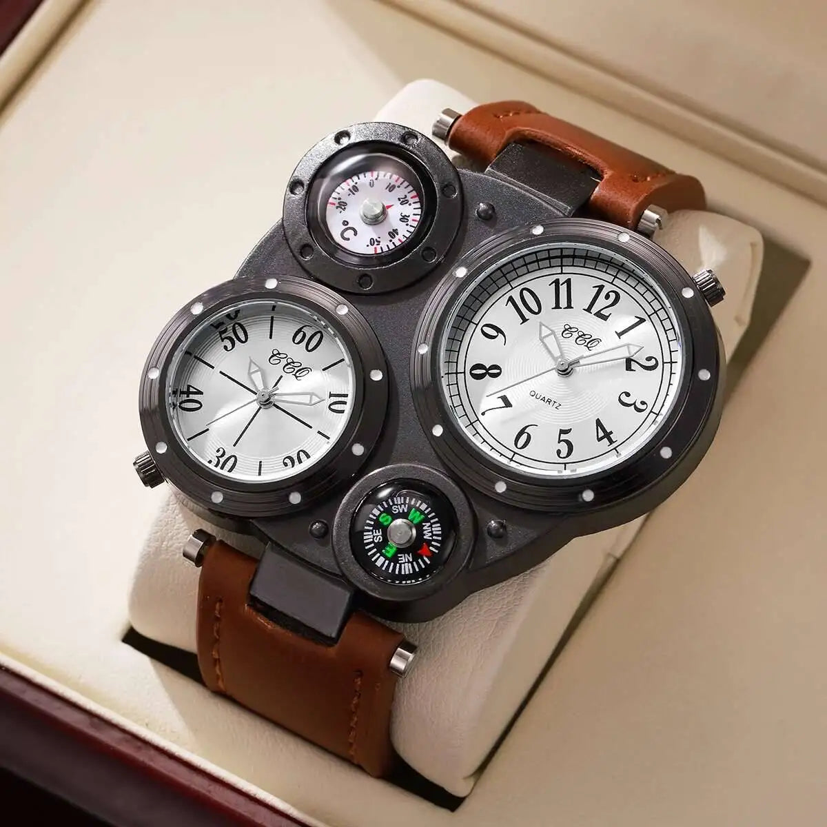 Luxury Large Dial Men Sports Watches Casual Leather Strap Quartz Wristwatches for Men Clock Reloj Hombre（Without Box）
