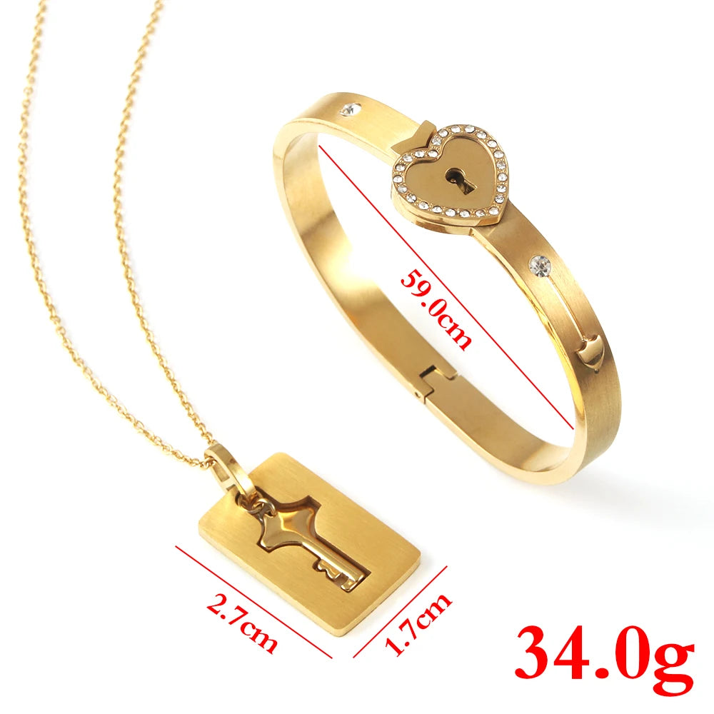 Black Heart Bracelet Choker Set Jewelry Stainless Steel Key Pendant Necklace Women Men Lover Couples Valentines Day Gift