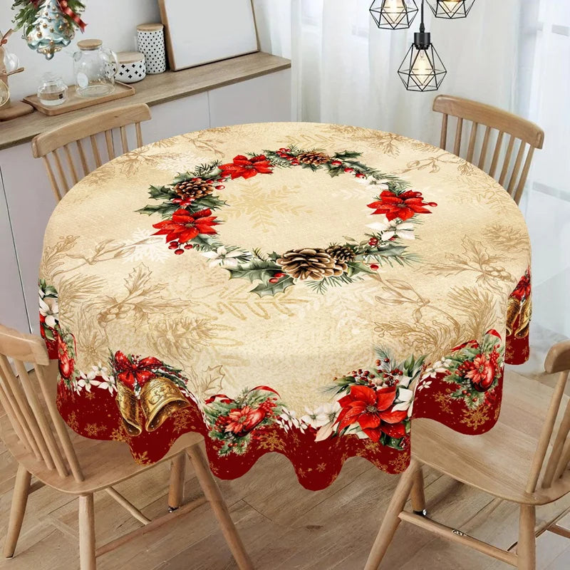 Vintage Christmas Tablecloth Poinsettia Bell Table Cover Christmas Decorations for Home 2025 Xmas Gifts Navidad Noel New Year