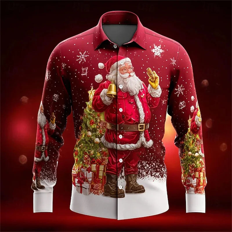 2026 New Men's Christmas Shirt Button Long Sleeve Fun Outdoor Festival Spring and Autumn Lapel 3D Printed Lapel Shirt Red