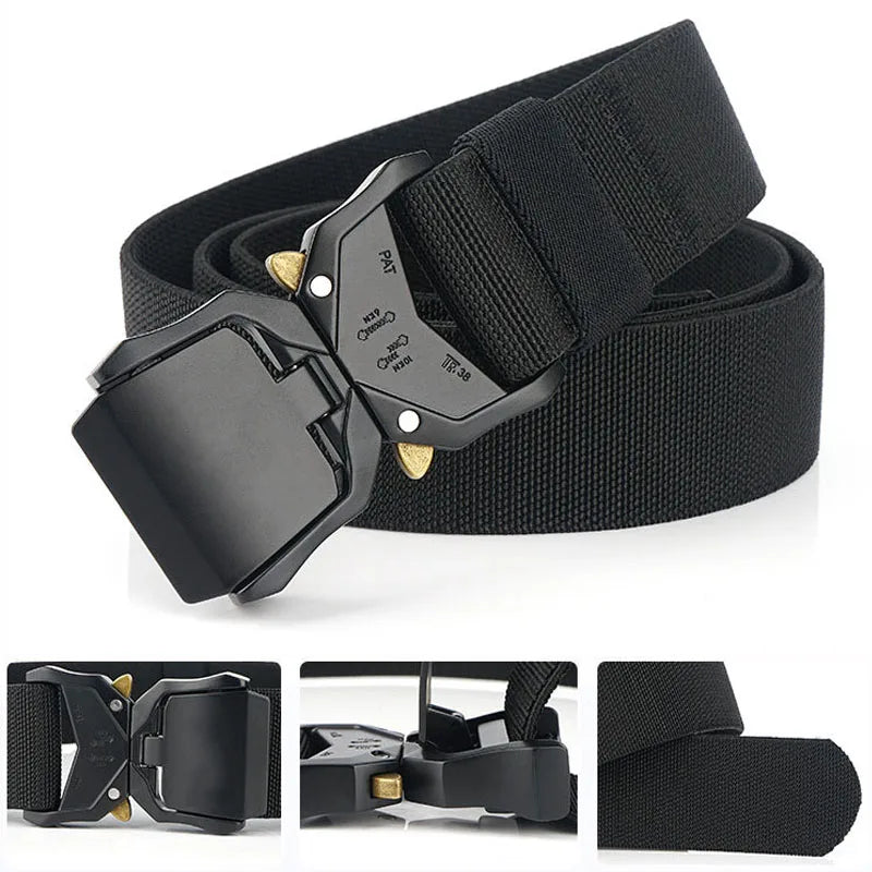 Tactical Waist Belt Durable Automatic Buckle Quick Release Elastic Belt Outdoor Adventure Training Belt Men's Trouser Belt Black