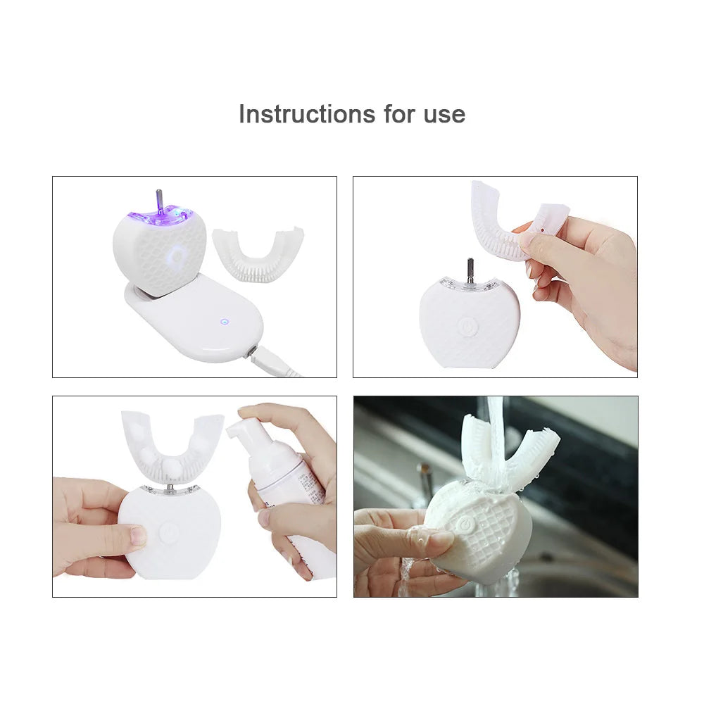USB Rechargeable Sonic Electric Toothbrush 360 Degrees Intelligent Automatic Ultrasonic U-Shape with 4 Modes Timer + Blue Light