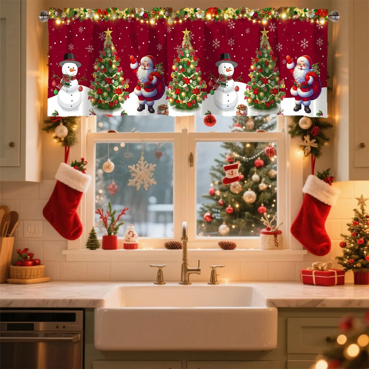 Christmas Curtain Valance Xmas Rod Pocket Window Treatment for Living Room Kitchen Bedroom Christmas Decorations For Home 2025