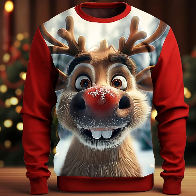 Cute Reindeer Graphic Men's Women's Sweatshirt Christmas Theme Long Sleeve O-Neck Hoodies Autumn Winter Fashion Creative Clothes