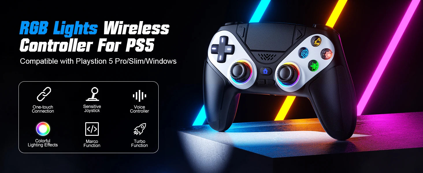 RGB Lights Wireless Controller For PS5/Playstation 5 Pro/Slim/PC Console Gamepads W/ Hall Effect Turbo Vibration Game Joystick