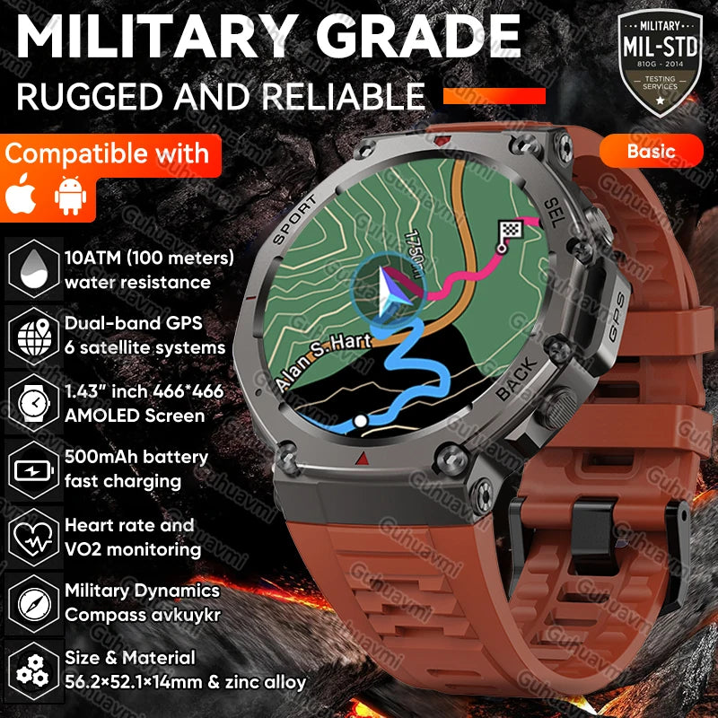 New T-Rex 3 Pro Dual-Band GPS Military Smart Watch 48mm 10ATM Water-Resistant 500mAh Battery Compass Altimeter AGPS Smart Watch