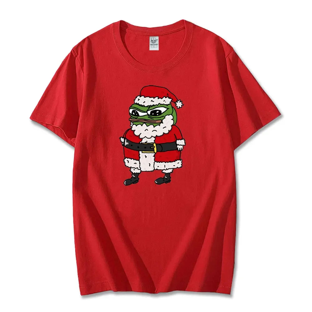 Navidad Cartoon Pepe Christmas T-Shirt Men Funny Santa Claus Frog Graphic Unisex Cotton Short Sleeve Casual Cute Streetwear Men