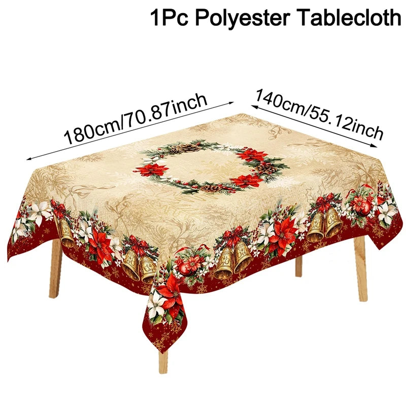 Vintage Christmas Tablecloth Poinsettia Bell Table Cover Christmas Decorations for Home 2025 Xmas Gifts Navidad Noel New Year