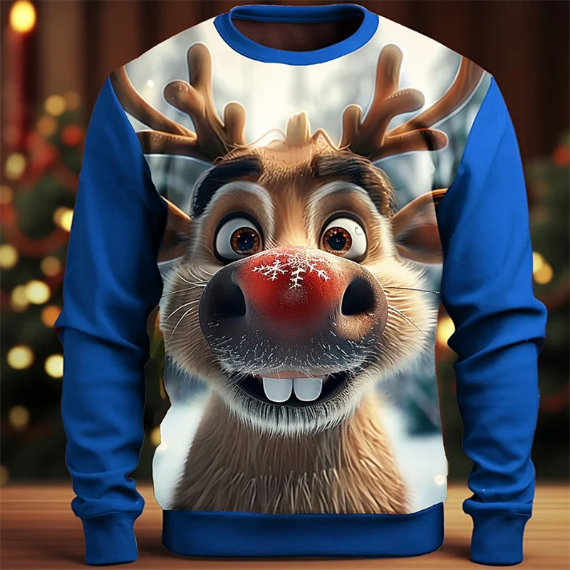 Cute Reindeer Graphic Men's Women's Sweatshirt Christmas Theme Long Sleeve O-Neck Hoodies Autumn Winter Fashion Creative Clothes