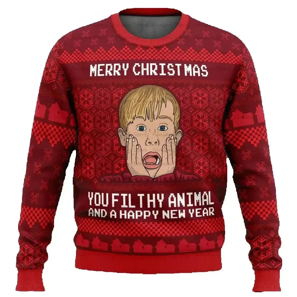 Merry Christmas alone at home Ugly Christmas sweater cartoon animation Men's pullover 2026 fashionable couple shirts Sweatshirt