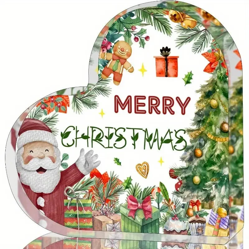 2D Flat Acrylic Christmas Heart-Shaped Tabletop Decoration - Merry Christmas Design with Santa, Gingerbread & Holiday Decoration