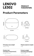 Lenovo LE302 Wireless Bluetooth 6.0 Headset Long Battery Life Sports Ear Clip Earphones HIFI Stereo Noise Cancelling Headphones