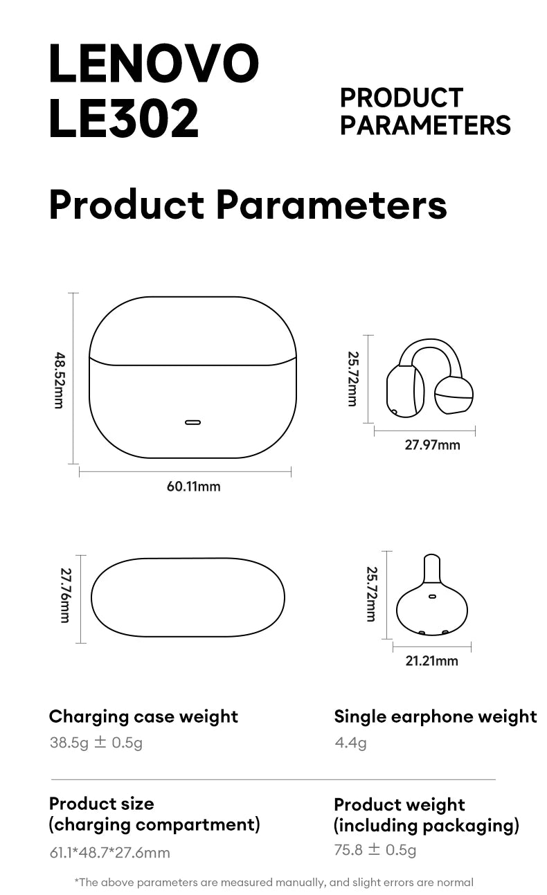 Lenovo LE302 Wireless Bluetooth 6.0 Headset Long Battery Life Sports Ear Clip Earphones HIFI Stereo Noise Cancelling Headphones