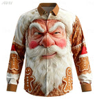 Fashion Men's Funny Santa Face Shirt, 3D Print Button Up Collared, 2025 Christmas Long Sleeve Top, Spring Fall Holiday Wear