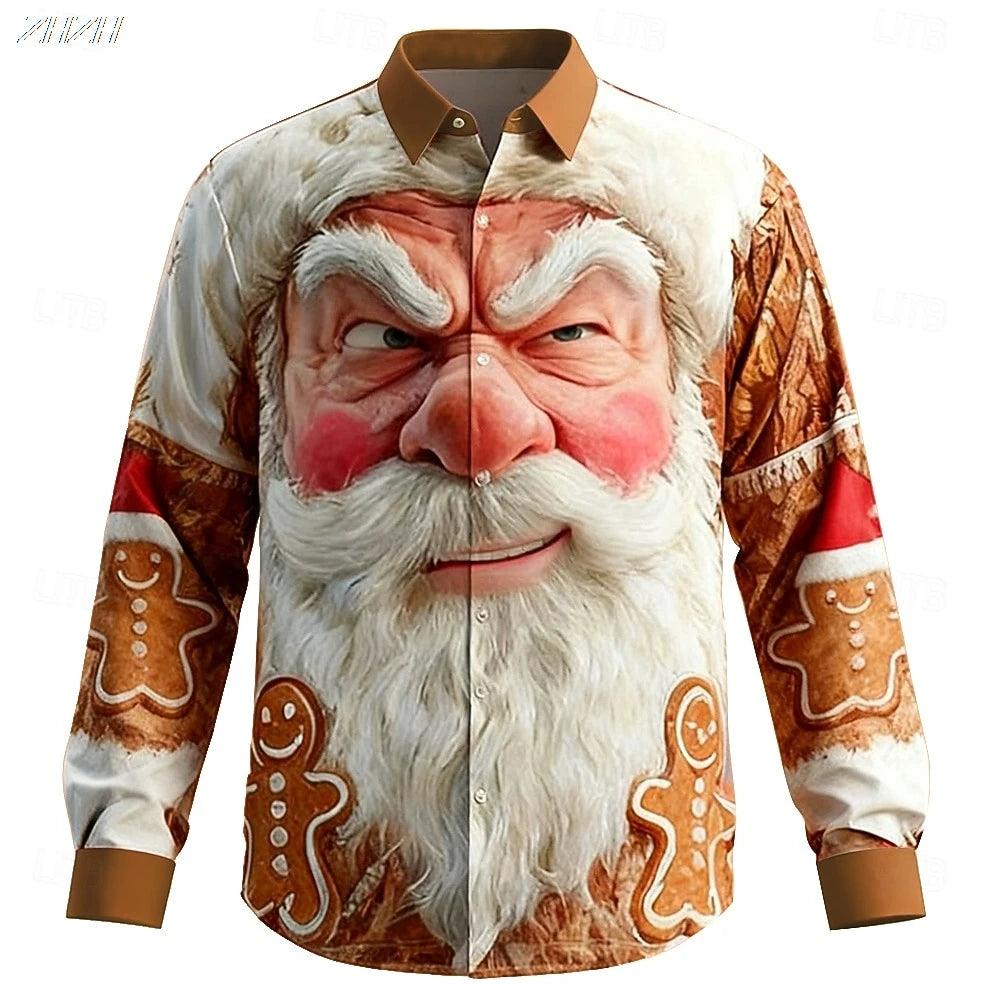 Fashion Men's Funny Santa Face Shirt, 3D Print Button Up Collared, 2025 Christmas Long Sleeve Top, Spring Fall Holiday Wear