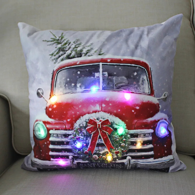 LED Light Christmas Pillow Cushions Cover Santa Elk Snowflake Xmas Lantern  Glow Pillowcase Winter Holiday Decoration